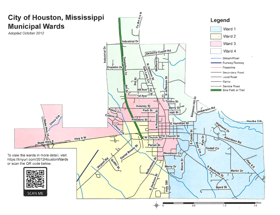 Map of the City of Houston, Mississippi divided into voting wards one through four