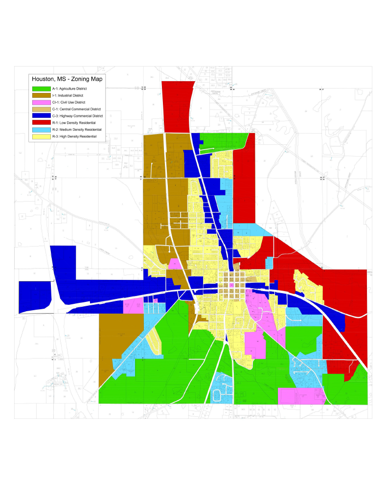 City of Houston, Mississippi zoning map showing residential, commercial and industrial districts